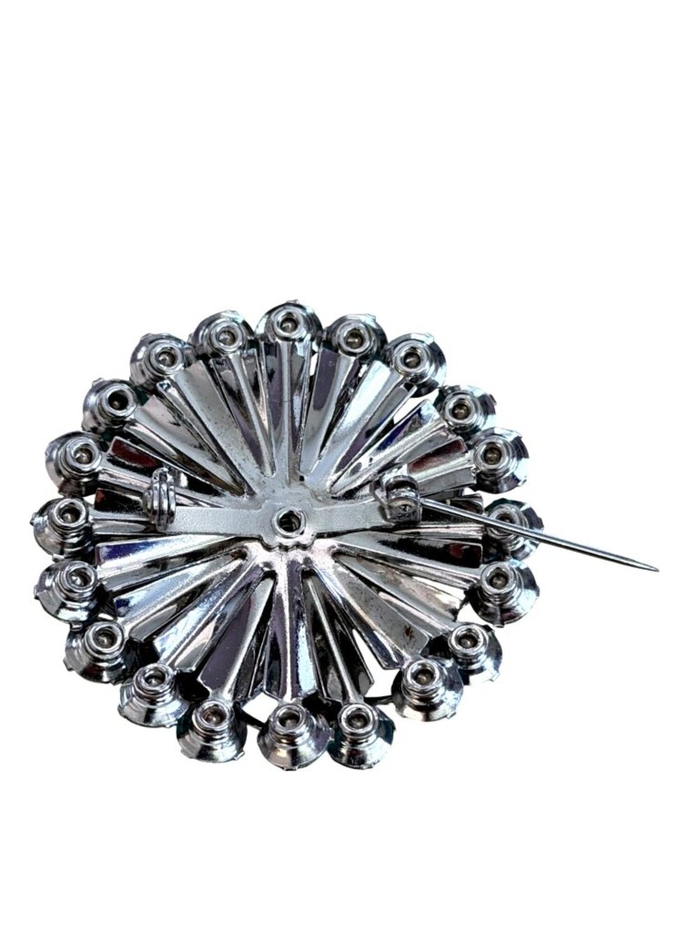 Vintage Blue Rhinestone Flower Brooch Pin Silver-Tone MCM Sparkling 2" - Picture 3 of 6